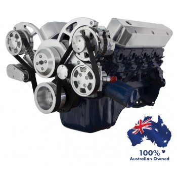 FORD FALCON MUSTANG WINDSOR AU 5.0L & 5.8L SERPENTINE PULLEY/ BRACKET CONVERSION COMPLETE KIT WITH ALTERNATOR AND GM TYPE II POWER STEERING PUMP ALL INCLUSIVE -  POLISHED FINISH